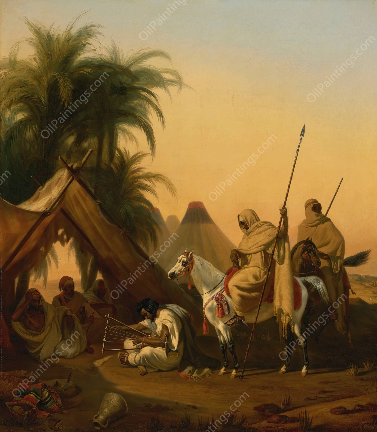 Horsemen And Arab Chiefs Listening To A Musician  by Studio Of Emile-Jean-Horace Vernet - Hand-Painted Oil Painting Reproduction