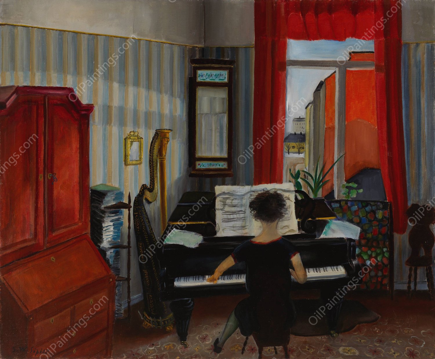 Interior, Woman Playing the Piano  by Sulho Sipila - Hand-Painted Oil Painting Reproduction