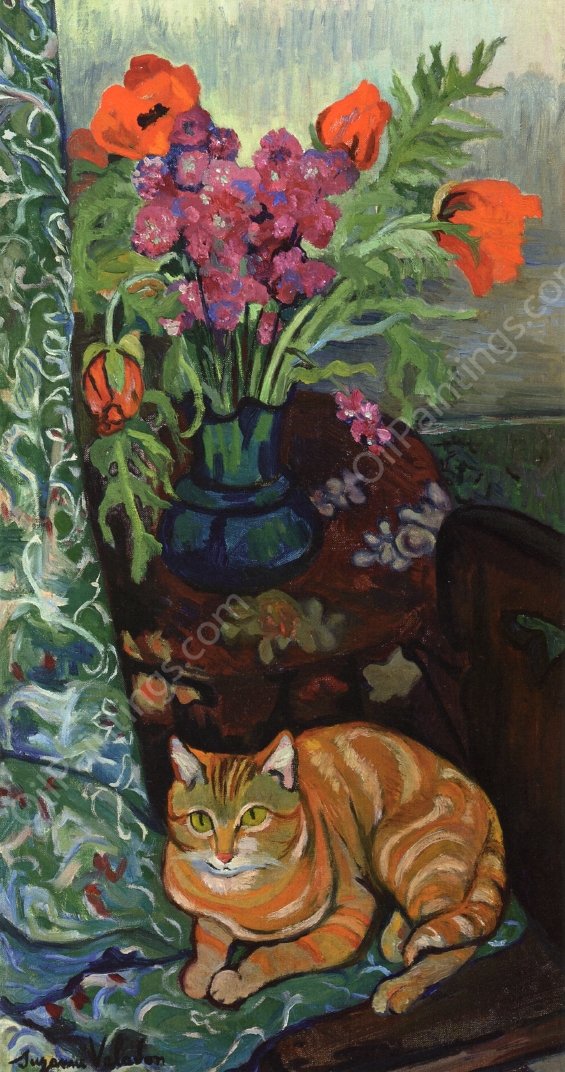 Cat Lying in front of a Bouquet of Flowers by Suzanne Valadon - Hand-Painted Oil Painting Reproduction