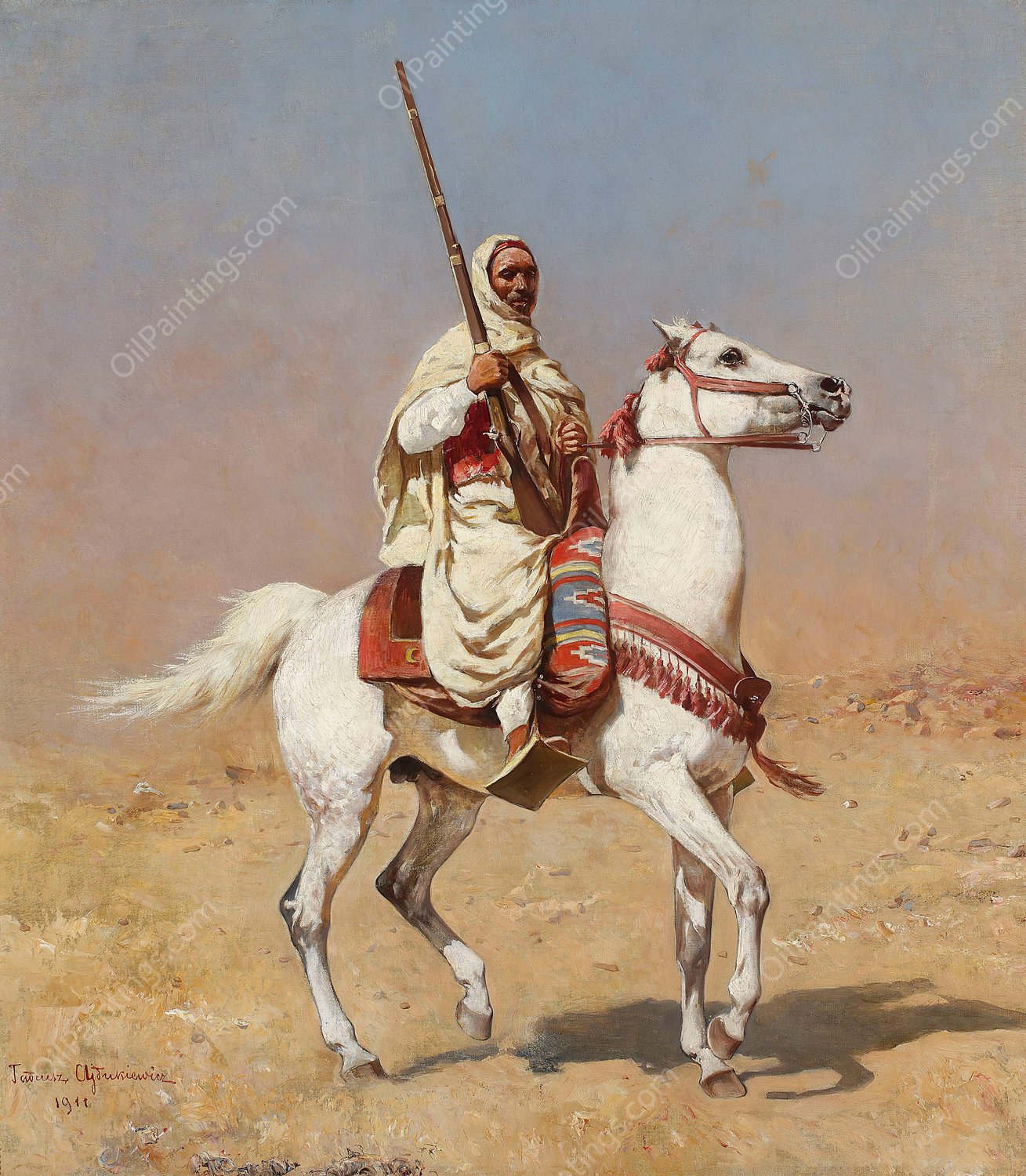 Arab on a grey horse  by Tadeusz Ajdukiewicz - Hand-Painted Oil Painting Reproduction