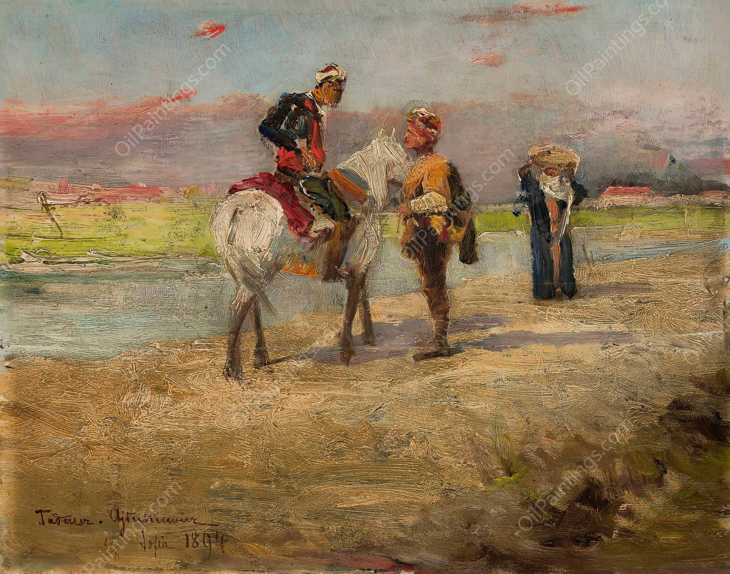 Eastern scene against a landscape  by Tadeusz Ajdukiewicz - Hand-Painted Oil Painting Reproduction