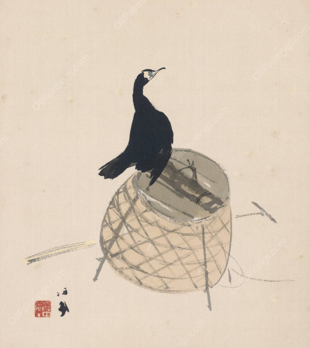 Cormorant on a Basket  by Takeuchi Seiho - Hand-Painted Oil Painting Reproduction