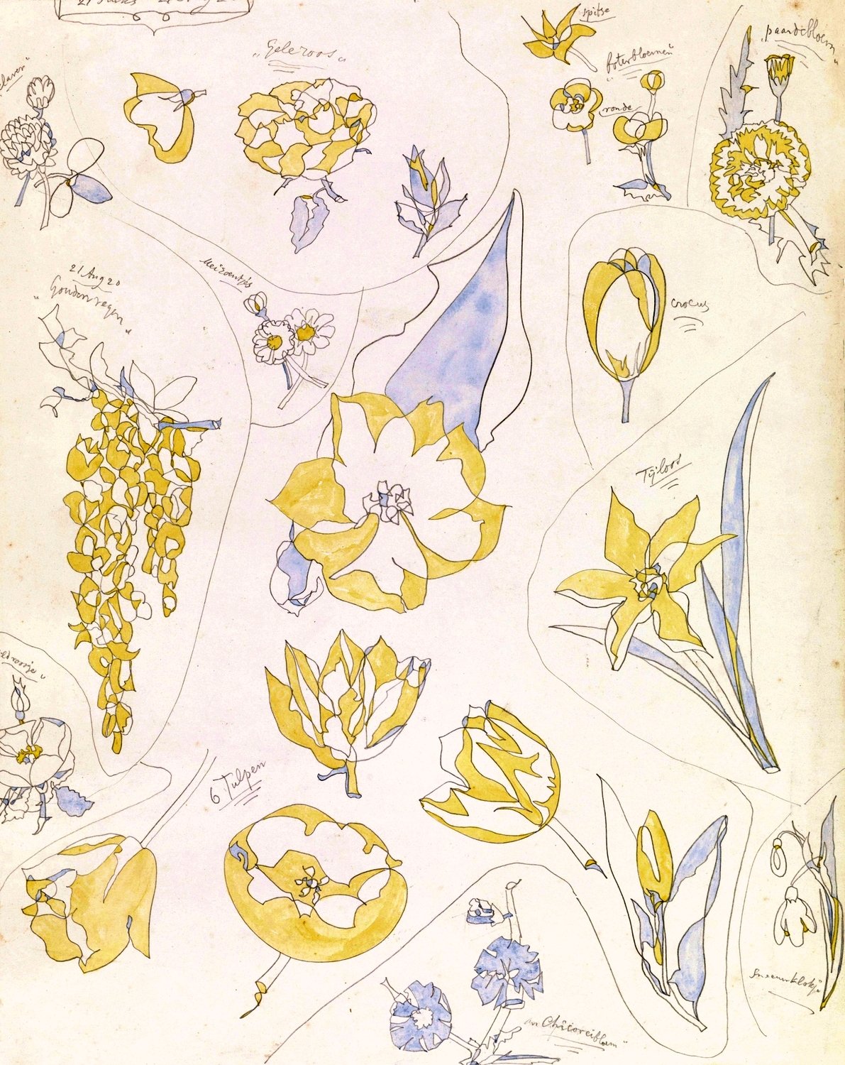 Ontwerpen voor aardewerkdecoratie; zes tulpen en andere bloemen  by Theo Colenbrander - Hand-Painted Oil Painting Reproduction