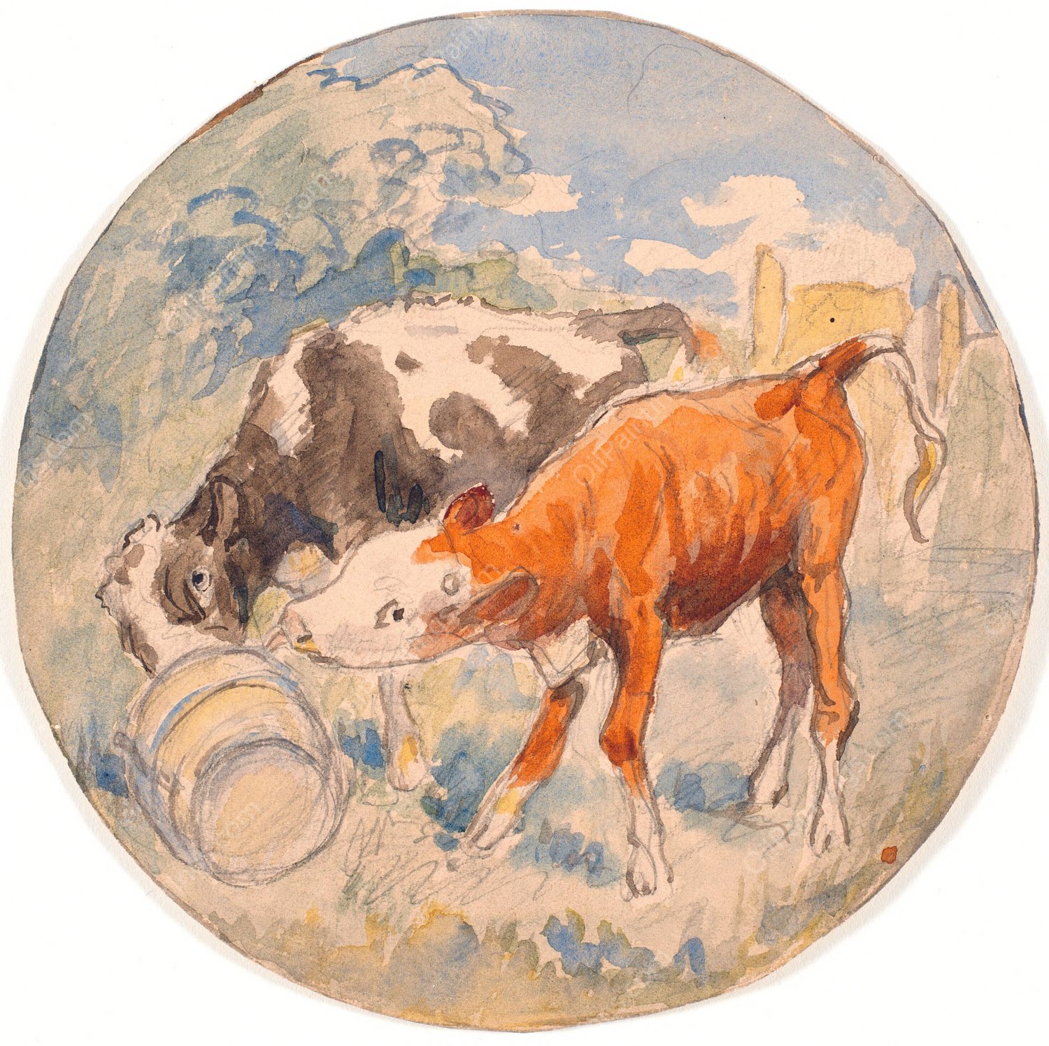 To kalve i det fri, slikkende en vaeltet maelkebotte  by Theodor Philipsen - Hand-Painted Oil Painting Reproduction