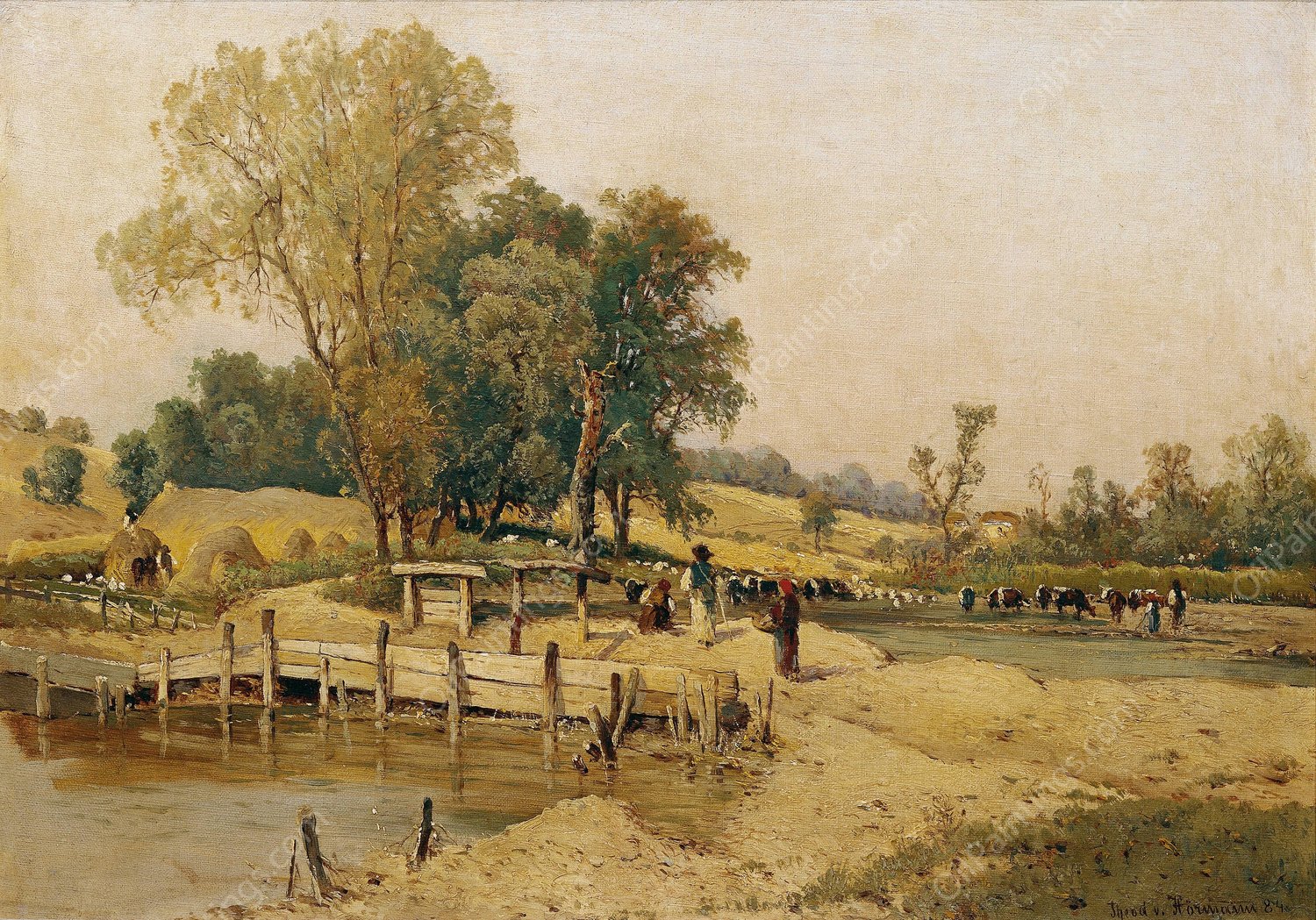 Ungarische Landschaft Mit Viehtranke  by Theodor Von Hormann - Hand-Painted Oil Painting Reproduction