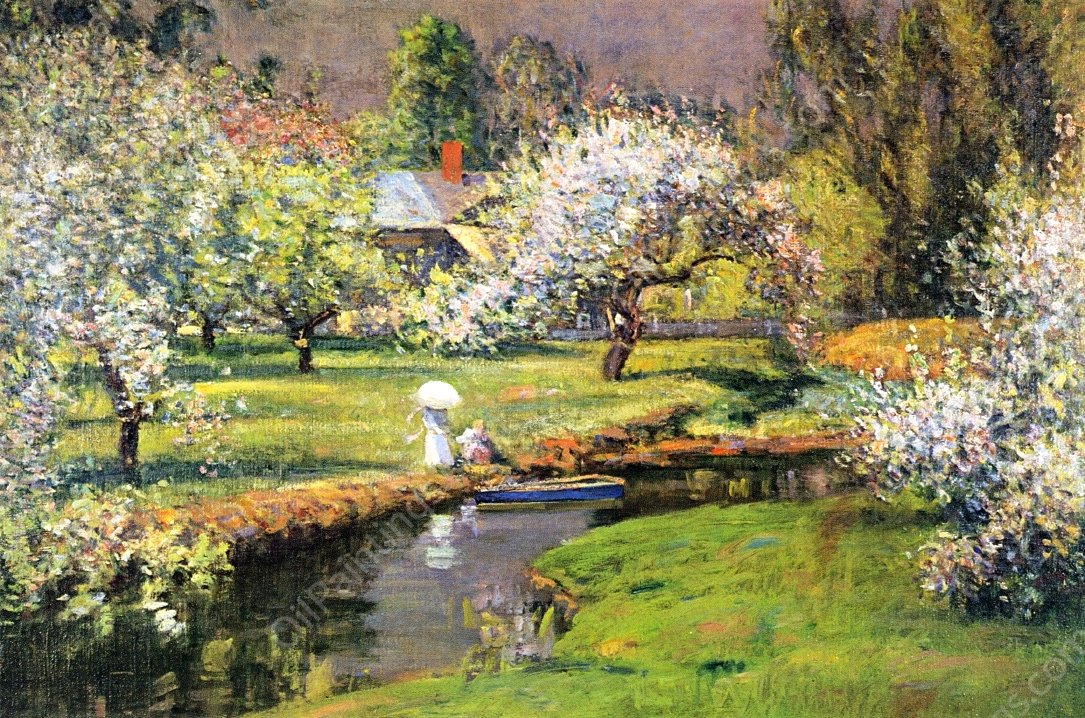 Lady with Parasol by Stream by Theodore Wendel - Hand-Painted Oil Painting Reproduction
