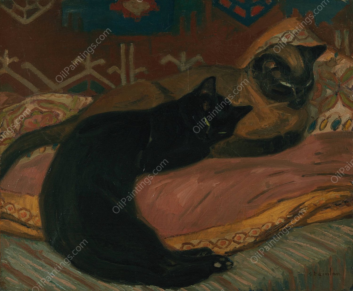 Deux chats couches sur un canape  by Theophile Alexandre Steinlen - Hand-Painted Oil Painting Reproduction