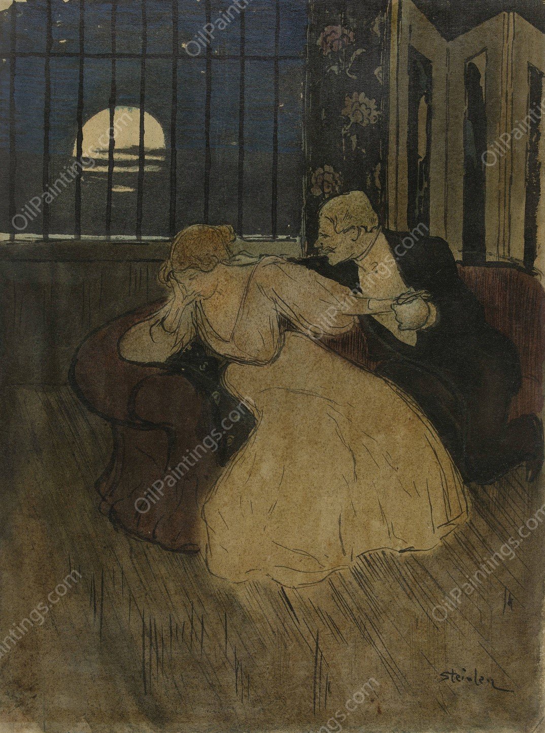 Heer in rok tracht een twijfelende dame op een sofa te overreden  by Theophile Alexandre Steinlen - Hand-Painted Oil Painting Reproduction