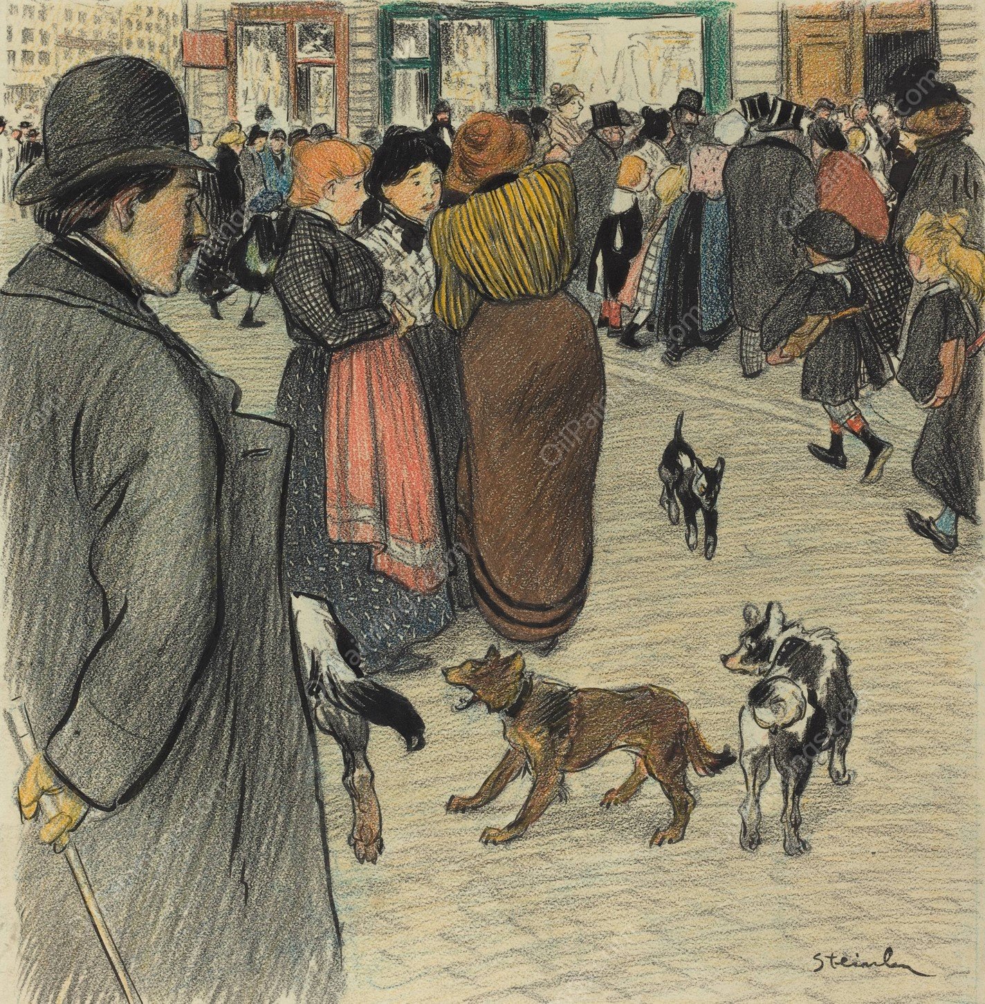 Watching The Crowd by Theophile Alexandre Steinlen - Hand-Painted Oil Painting Reproduction