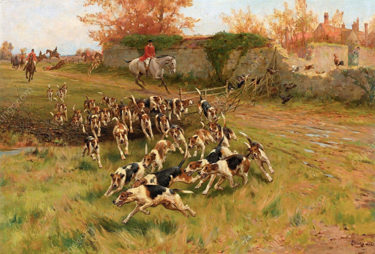 In Full Cry  by Thomas Blinks - Hand-Painted Oil Painting Reproduction