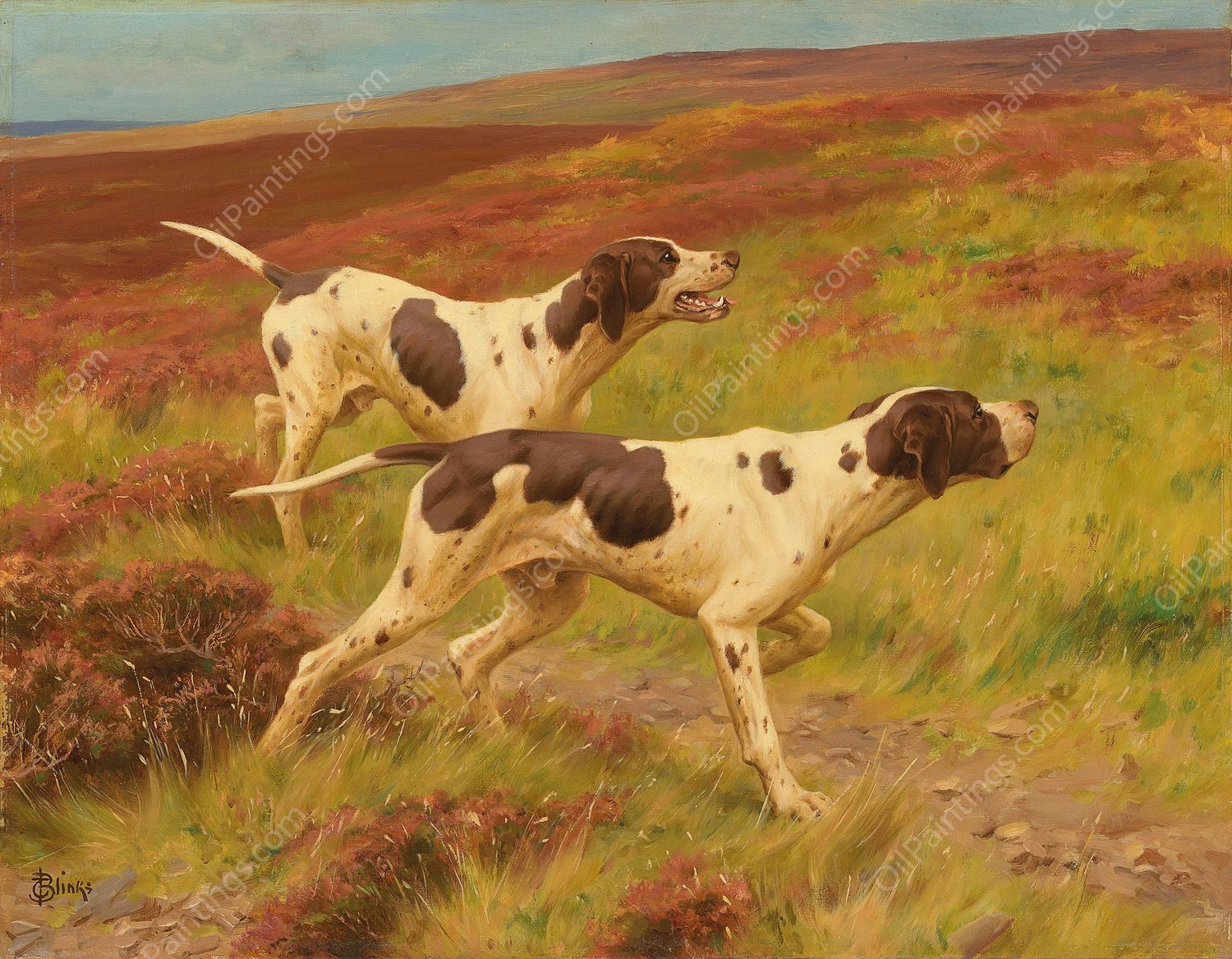 Two pointers in the heather by Thomas Blinks - Hand-Painted Oil Painting Reproduction