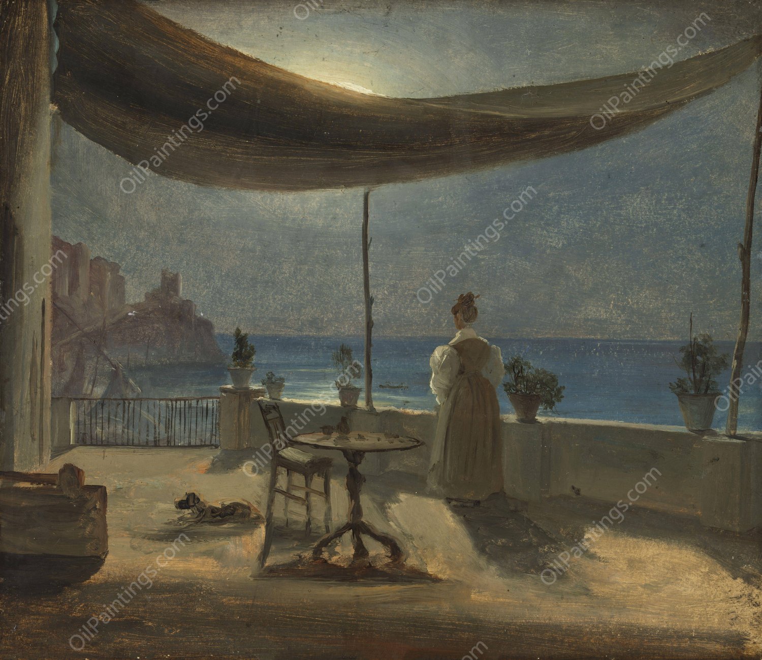 A Terrace in Amalfi in Moonlight  by Thomas Fearnley - Hand-Painted Oil Painting Reproduction
