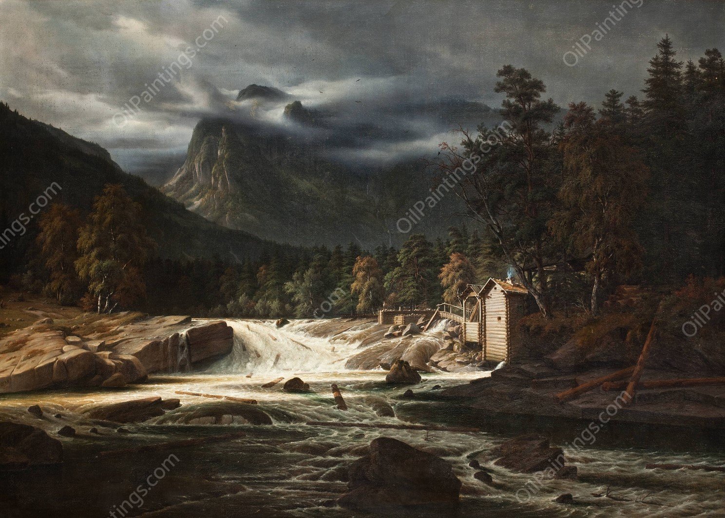 Norwegian Landscape, Marumfoss  by Thomas Fearnley - Hand-Painted Oil Painting Reproduction