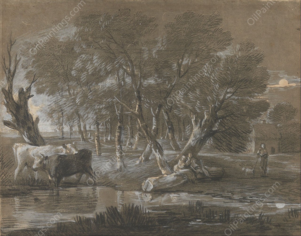 A Moonlit Landscape with Cattle by a Pool by Thomas Gainsborough - Hand-Painted Oil Painting Reproduction