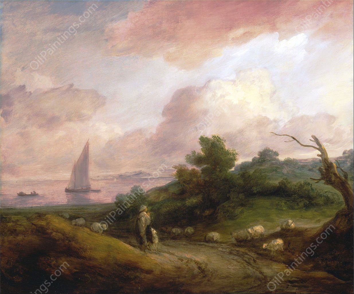 Coastal Landscape with a Shepherd and His Flock by Thomas Gainsborough - Hand-Painted Oil Painting Reproduction