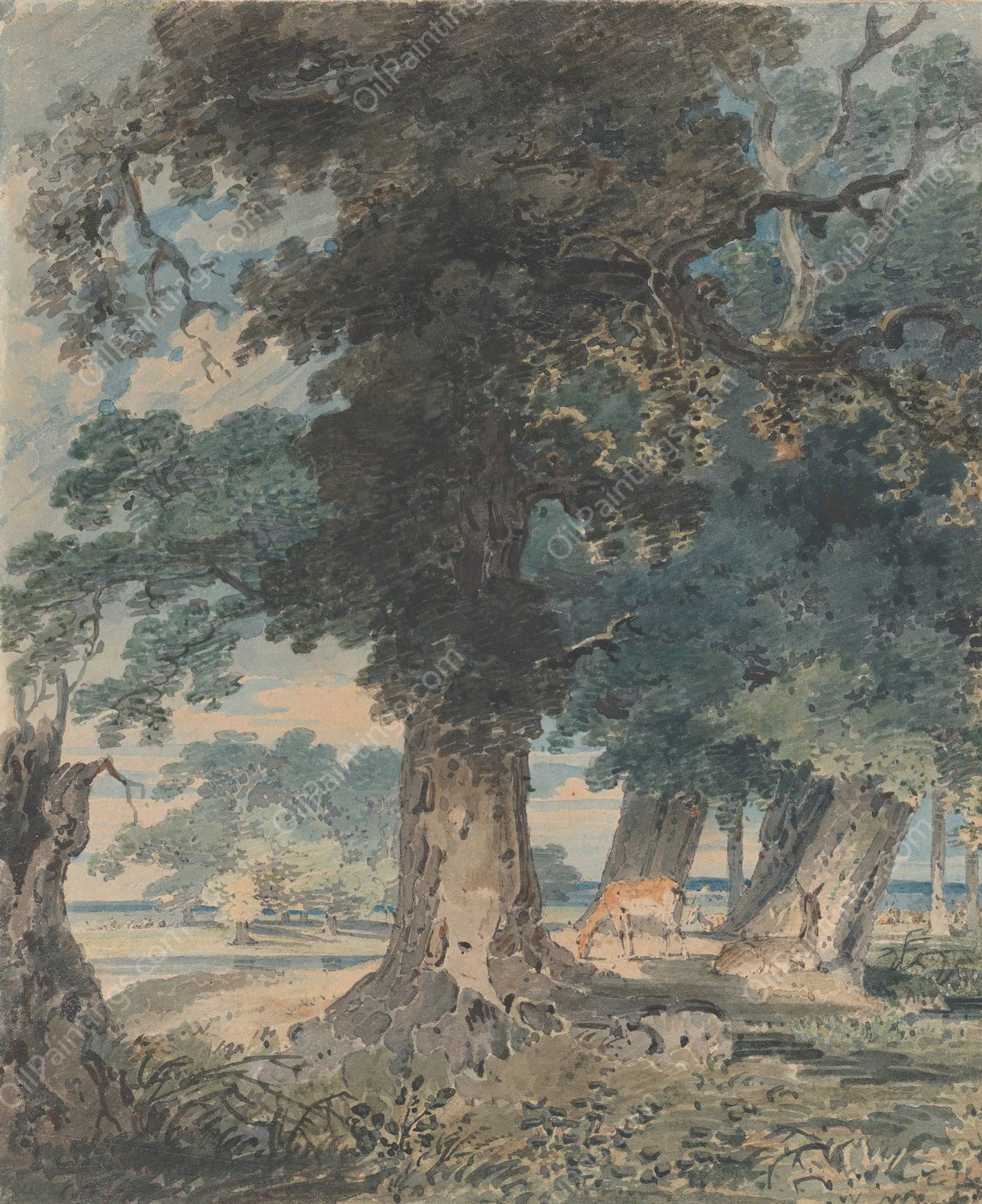 Deer in Windsor Forest  by Thomas Girtin - Hand-Painted Oil Painting Reproduction