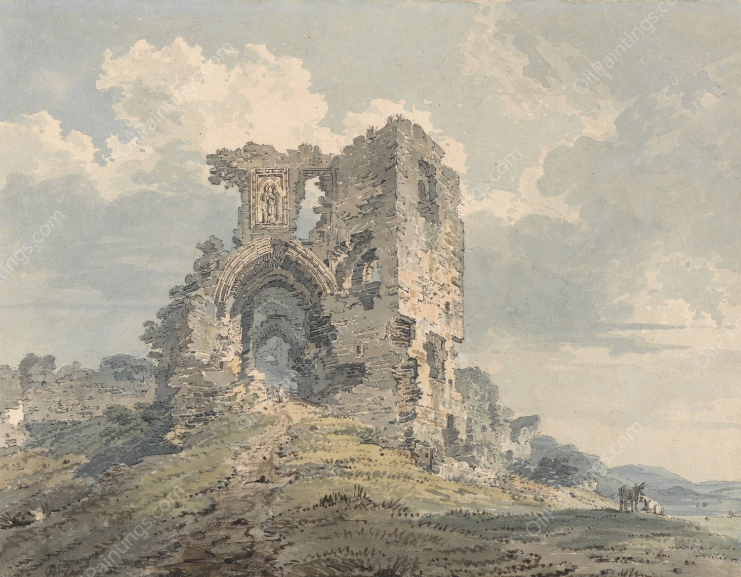 Denbigh Castle  by Thomas Girtin - Hand-Painted Oil Painting Reproduction