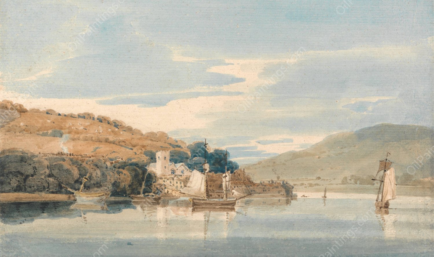 Kingswear Seen from Dartmouth, Devon  by Thomas Girtin - Hand-Painted Oil Painting Reproduction