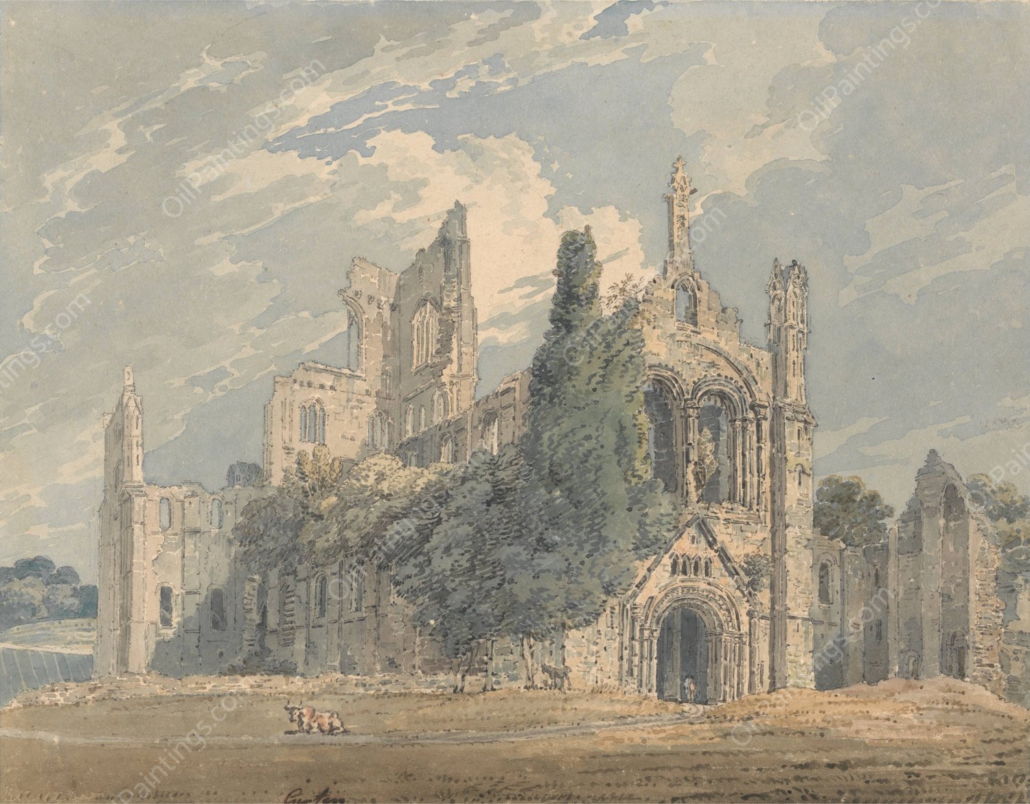 Kirkstall Abbey from the N.W.  by Thomas Girtin - Hand-Painted Oil Painting Reproduction
