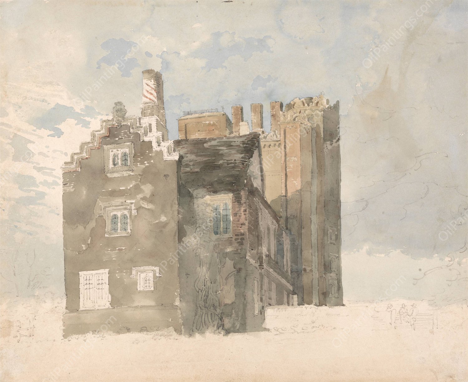 Layer Marney Hall, Essex  by Thomas Girtin - Hand-Painted Oil Painting Reproduction