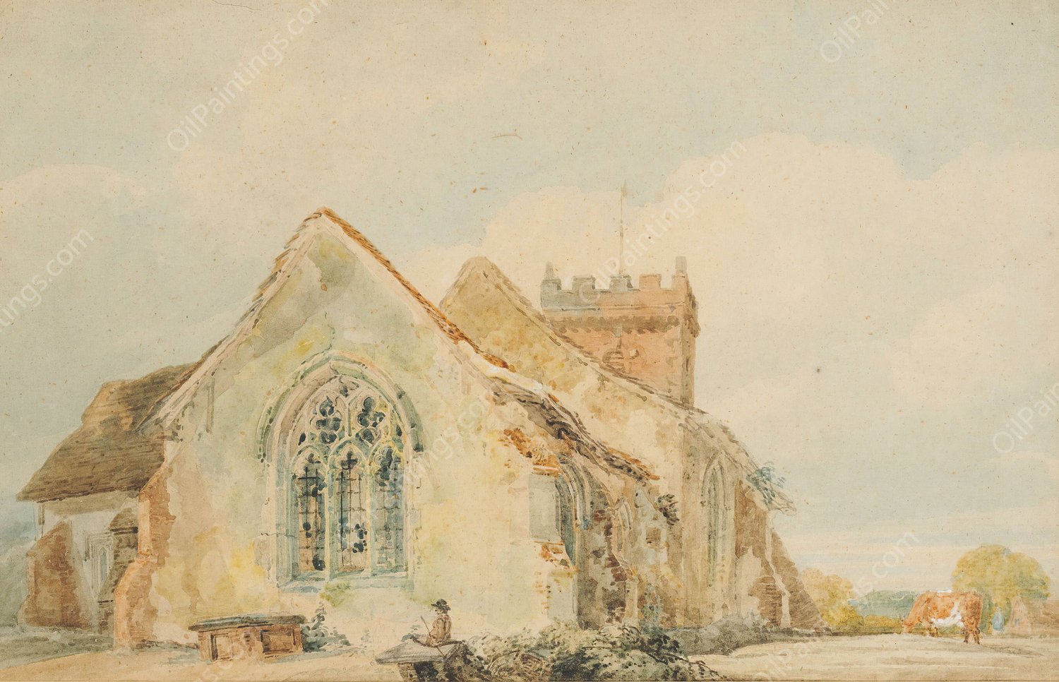 Stellingham Church  by Thomas Girtin - Hand-Painted Oil Painting Reproduction