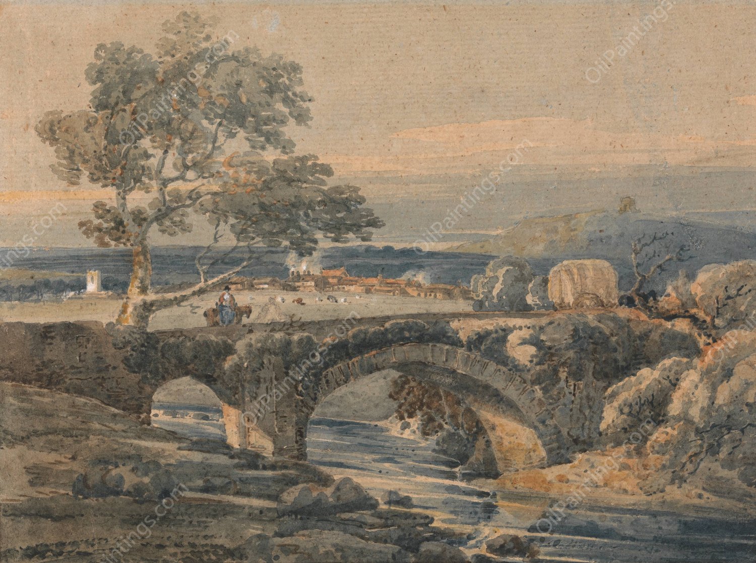 The Old Bridge in Devon  by Thomas Girtin - Hand-Painted Oil Painting Reproduction