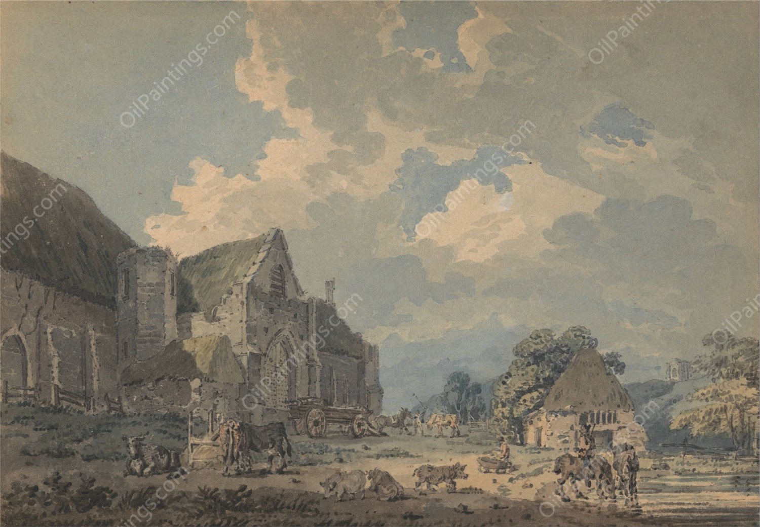 The Tithe Barn at Abbotsbury with the Abbey on the hill…  by Thomas Girtin - Hand-Painted Oil Painting Reproduction