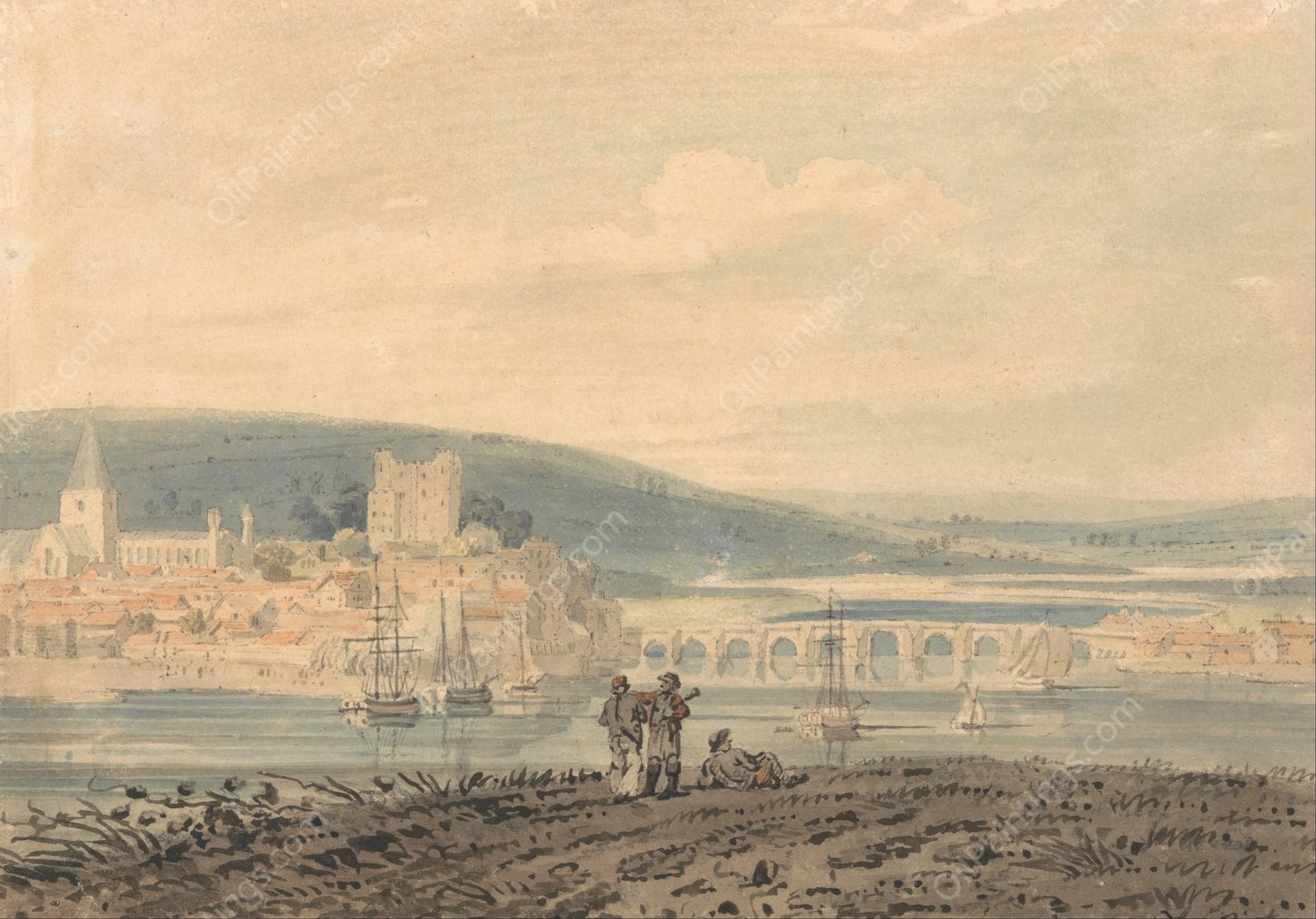 View of Rochester  by Thomas Girtin - Hand-Painted Oil Painting Reproduction