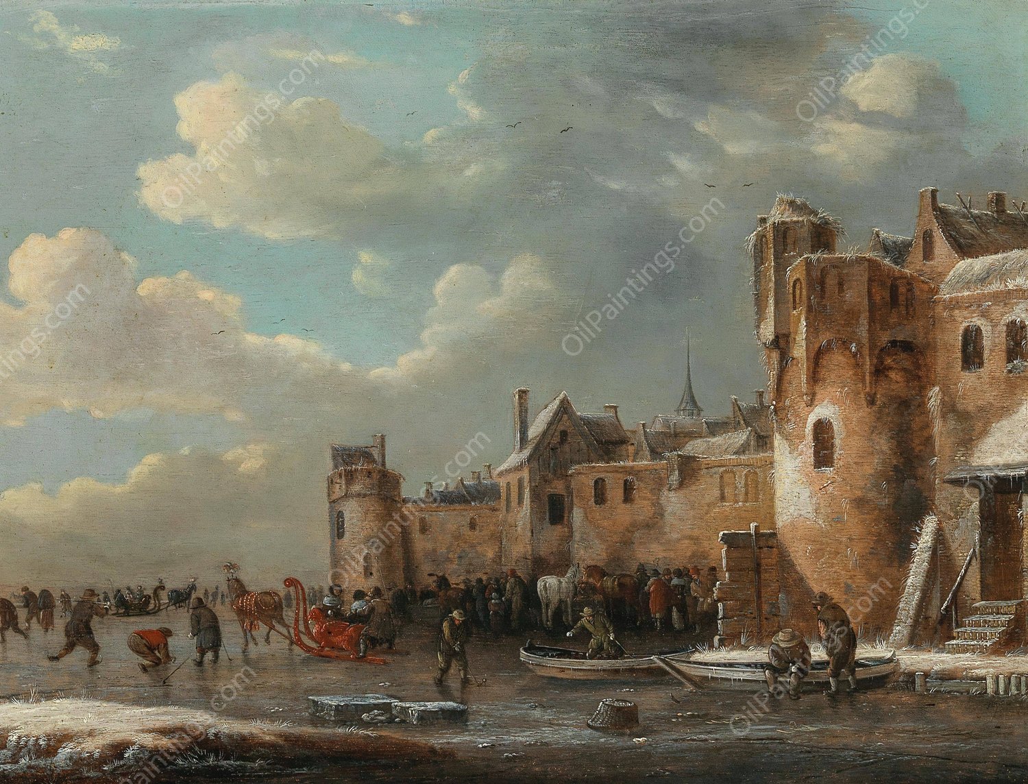 Skaters and a horse-drawn sleigh on the ice outside a walled town  by Thomas Heeremans - Hand-Painted Oil Painting Reproduction