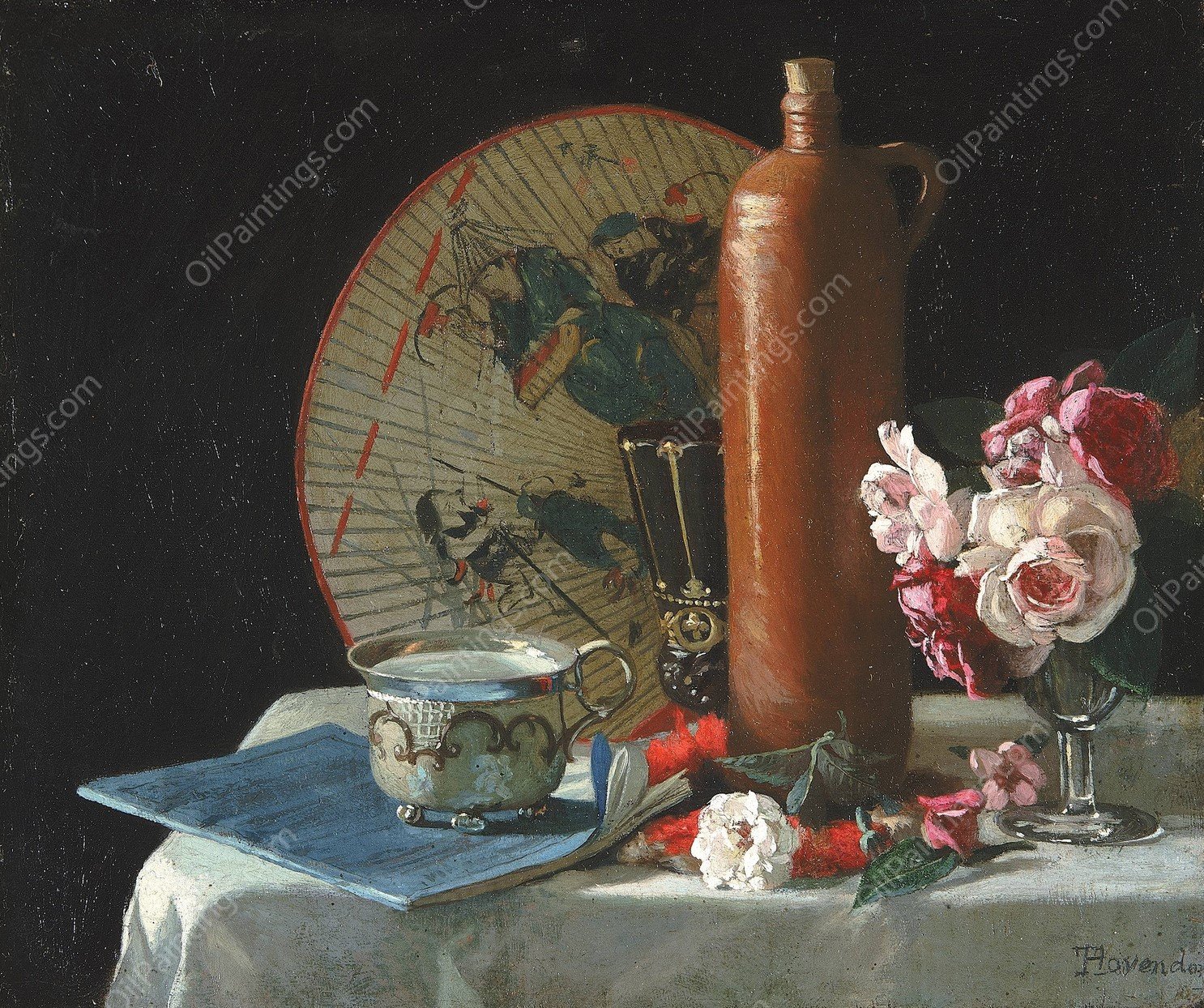 Still Life with Fan and Roses  by Thomas Hovenden - Hand-Painted Oil Painting Reproduction