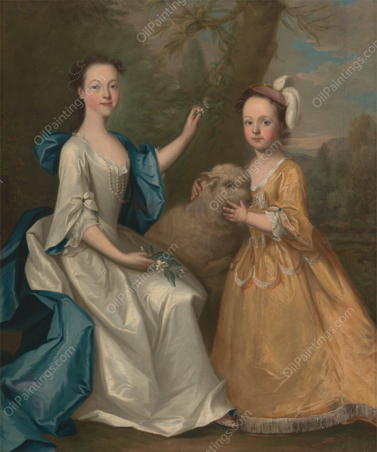Young Women with a Lamb by Thomas Hudson - Hand-Painted Oil Painting Reproduction