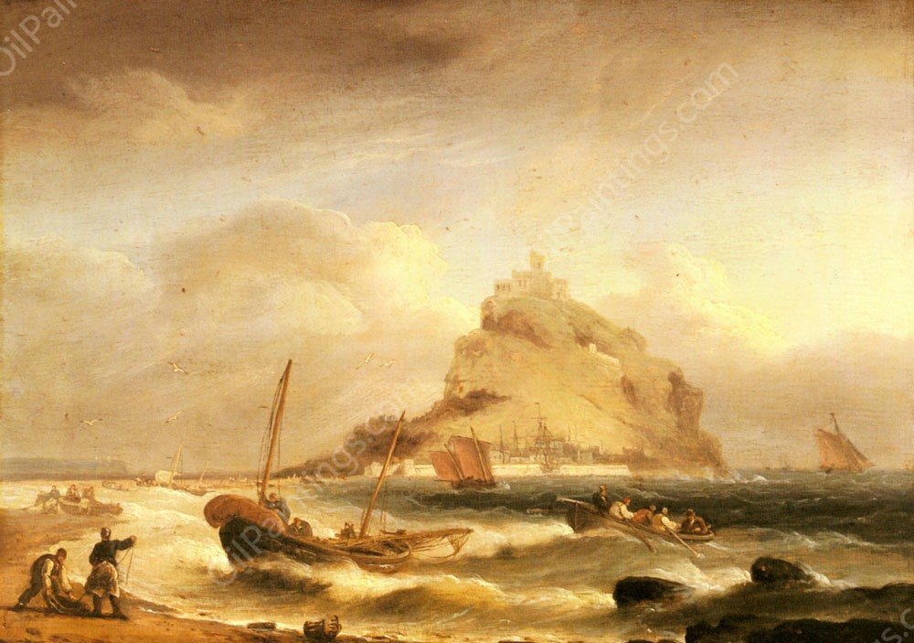 Fishermen rowing in, before St. Michael's Mount by Thomas Luny - Hand-Painted Oil Painting Reproduction