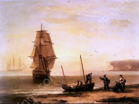 Fishermen Unloading the Catch with a Merchant Ship in Calm Water by Thomas Luny - Hand-Painted Oil Painting Reproduction