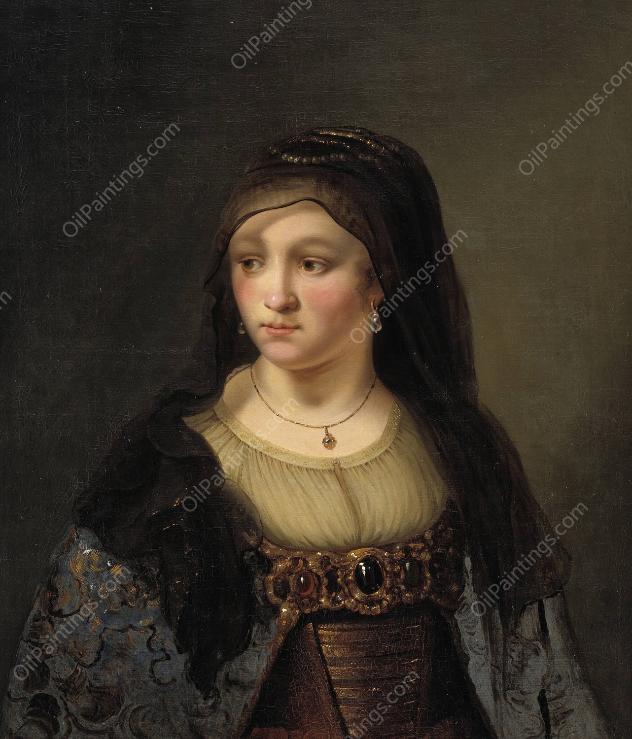 Portrait of a Lady in a Veil  by Thomas Mathisen - Hand-Painted Oil Painting Reproduction