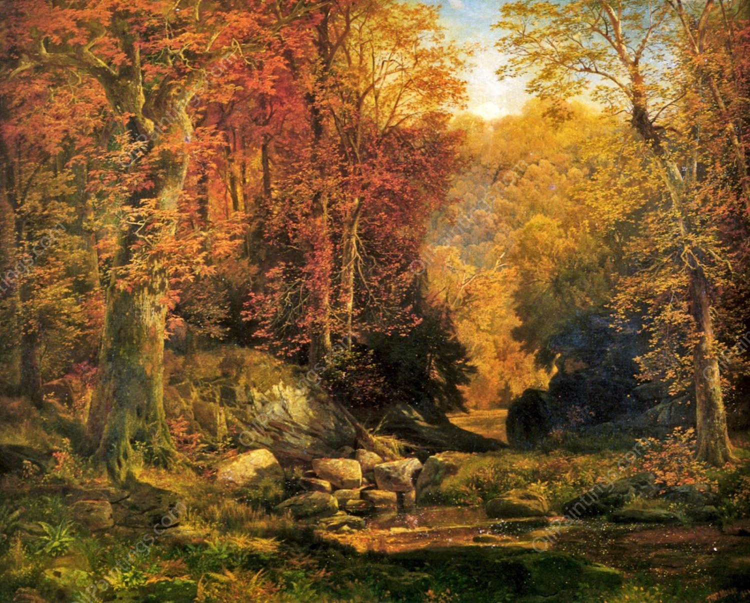 Woodland Interior with Rocky Stream by Thomas Moran - Hand-Painted Oil Painting Reproduction
