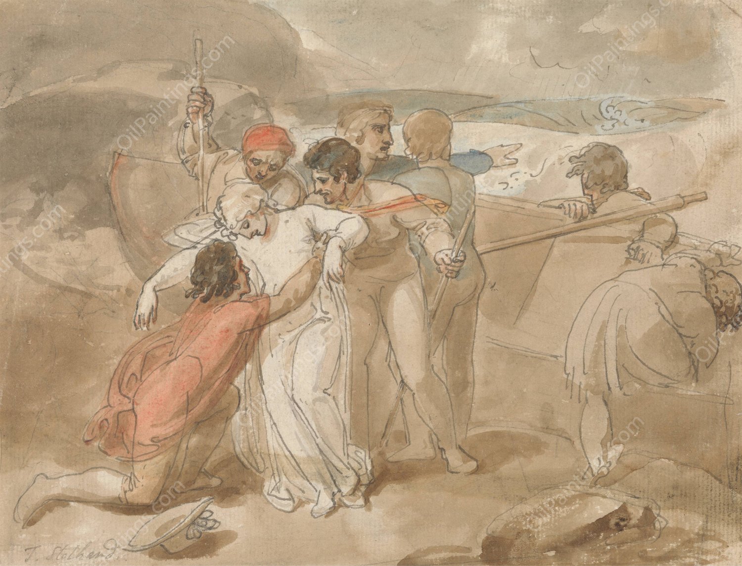 A Woman Rescued from the Sea and Assisted Ashore, Rowing Boat and Rescuers in Background by Thomas Stothard - Hand-Painted Oil Painting Reproduction