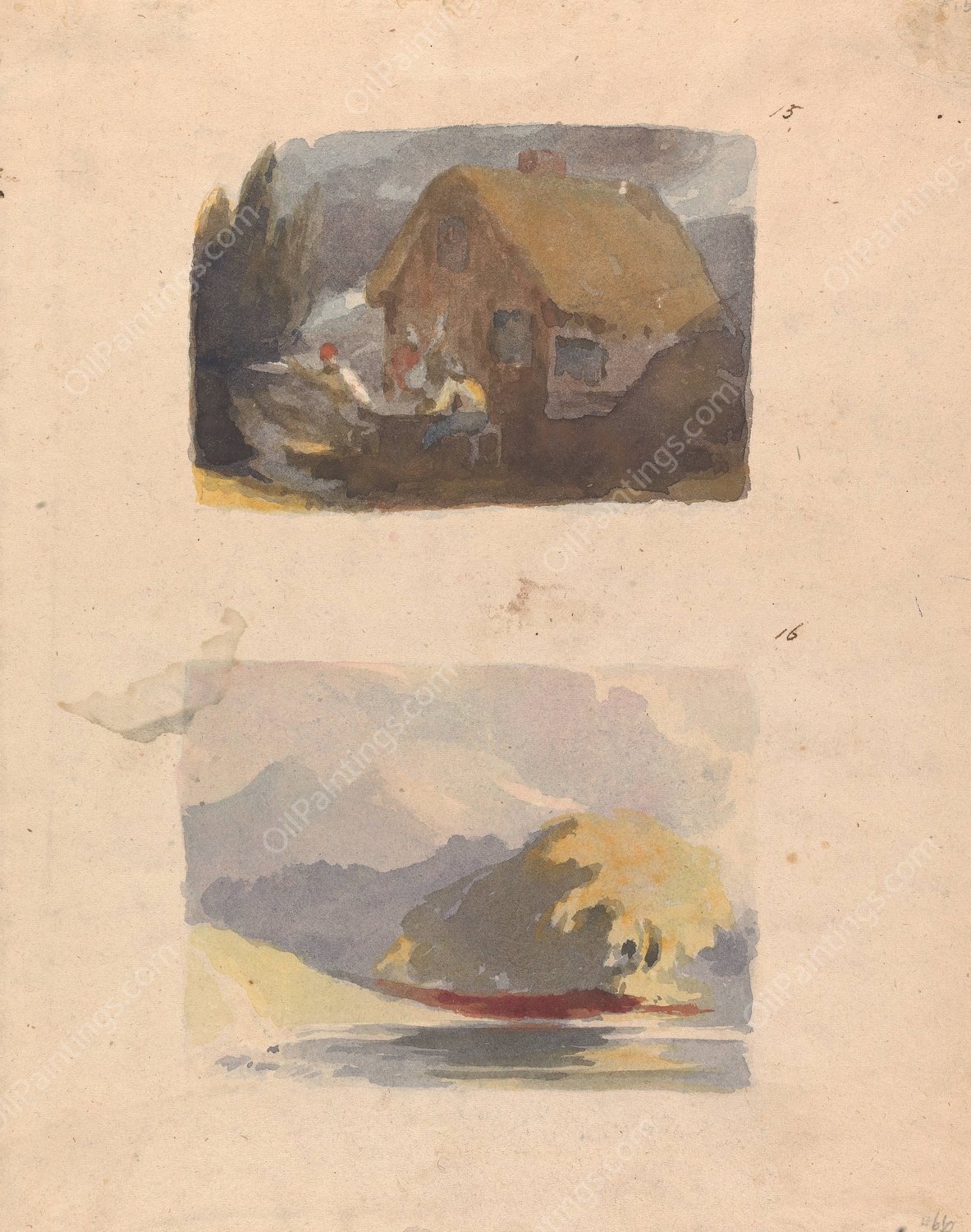 Cottage with Figures in Front  by Thomas Sully - Hand-Painted Oil Painting Reproduction