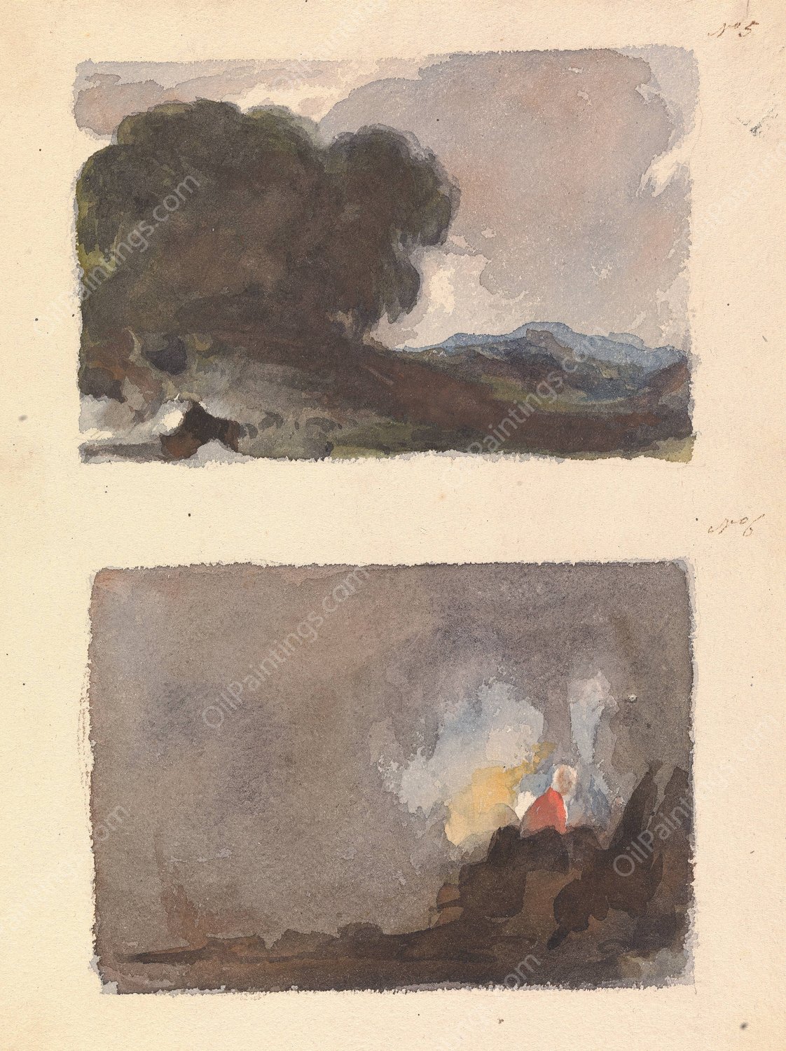 Landscape With Tree in Foreground and Mountains in Distance; Figure in interior Scene by Thomas Sully - Hand-Painted Oil Painting Reproduction