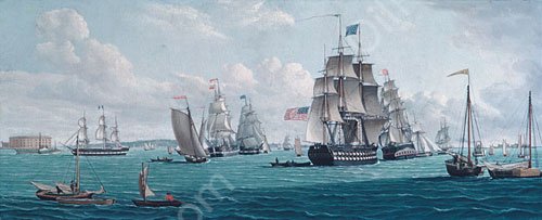 The U. S. Ship Franklin, with a View of the Bay of New York by Thomas Thompson - Hand-Painted Oil Painting Reproduction