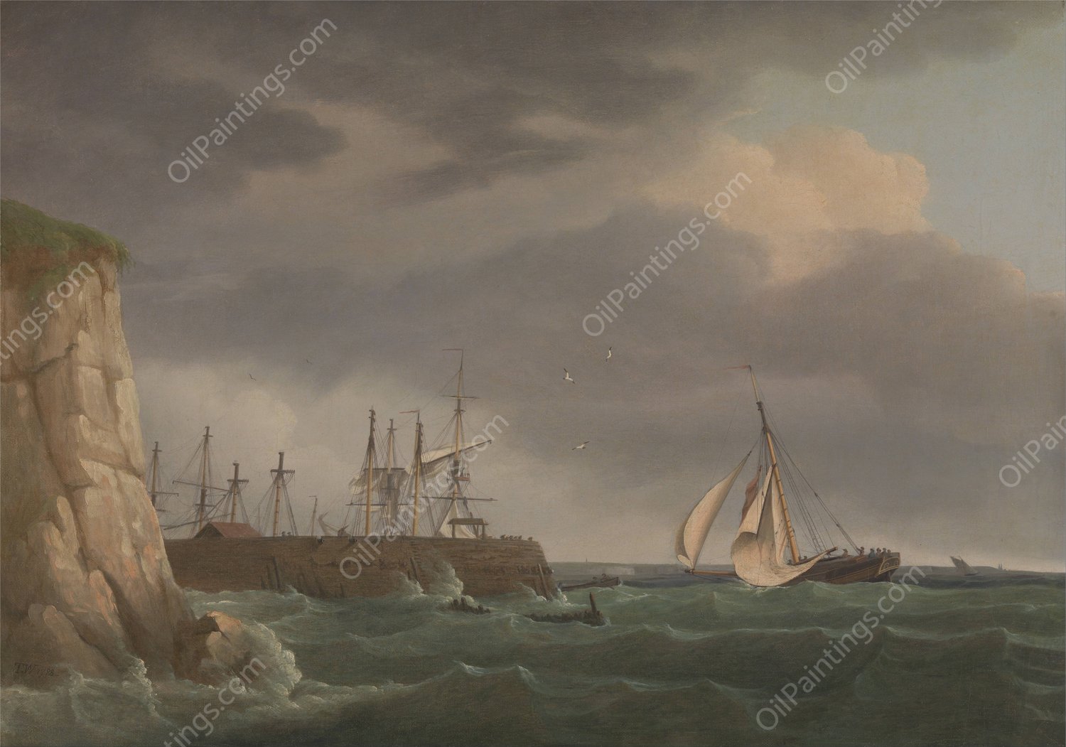 A Ship Running into Harbour with Other Craft at a Jetty by Thomas Whitcombe - Hand-Painted Oil Painting Reproduction
