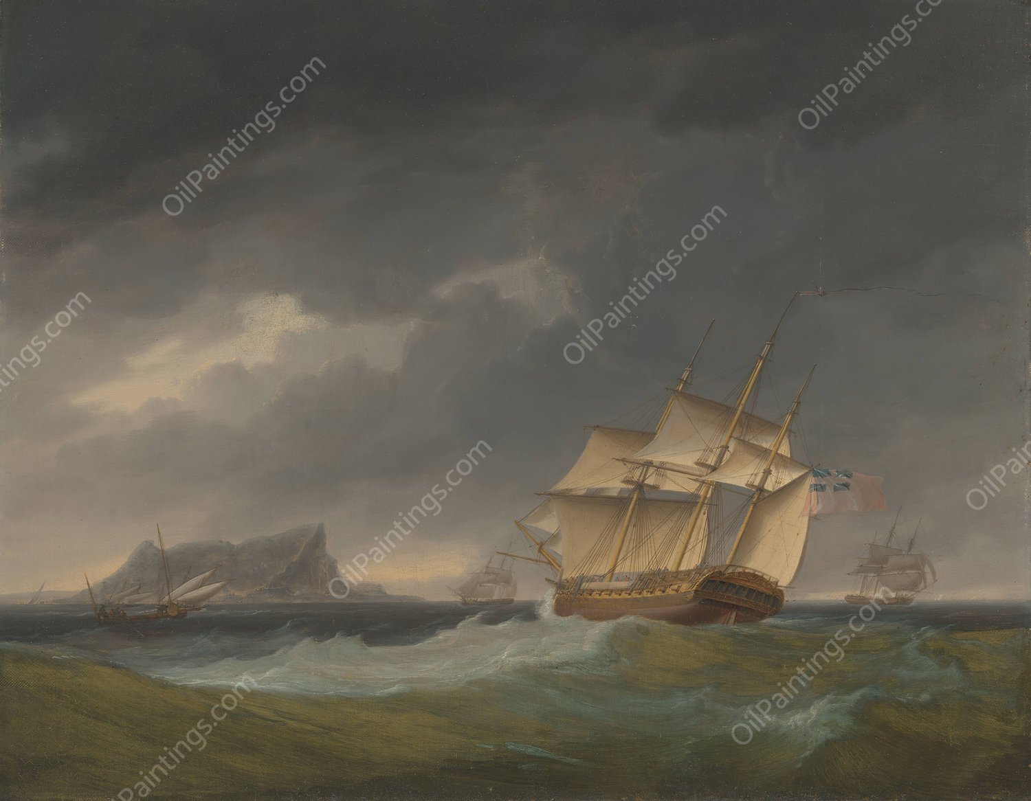 Running into stormy weather off Gibraltar by Thomas Whitcombe - Hand-Painted Oil Painting Reproduction