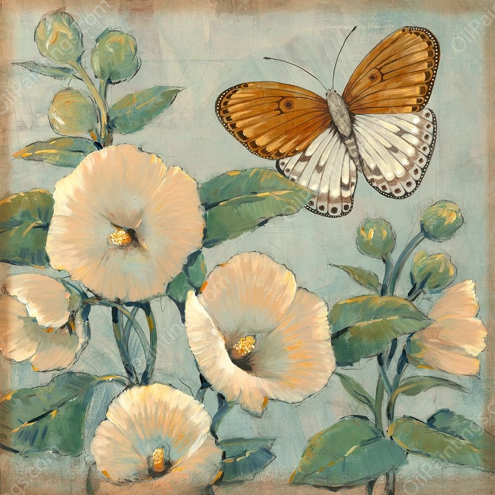 Butterfly & Hollyhocks I by Tim O'Toole - Hand-Painted Oil Painting Reproduction
