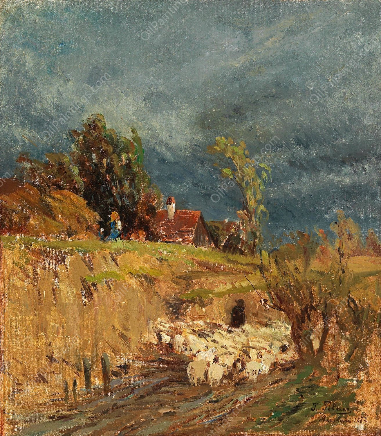 A brewing storm over Haslau by Tina Blau - Hand-Painted Oil Painting Reproduction