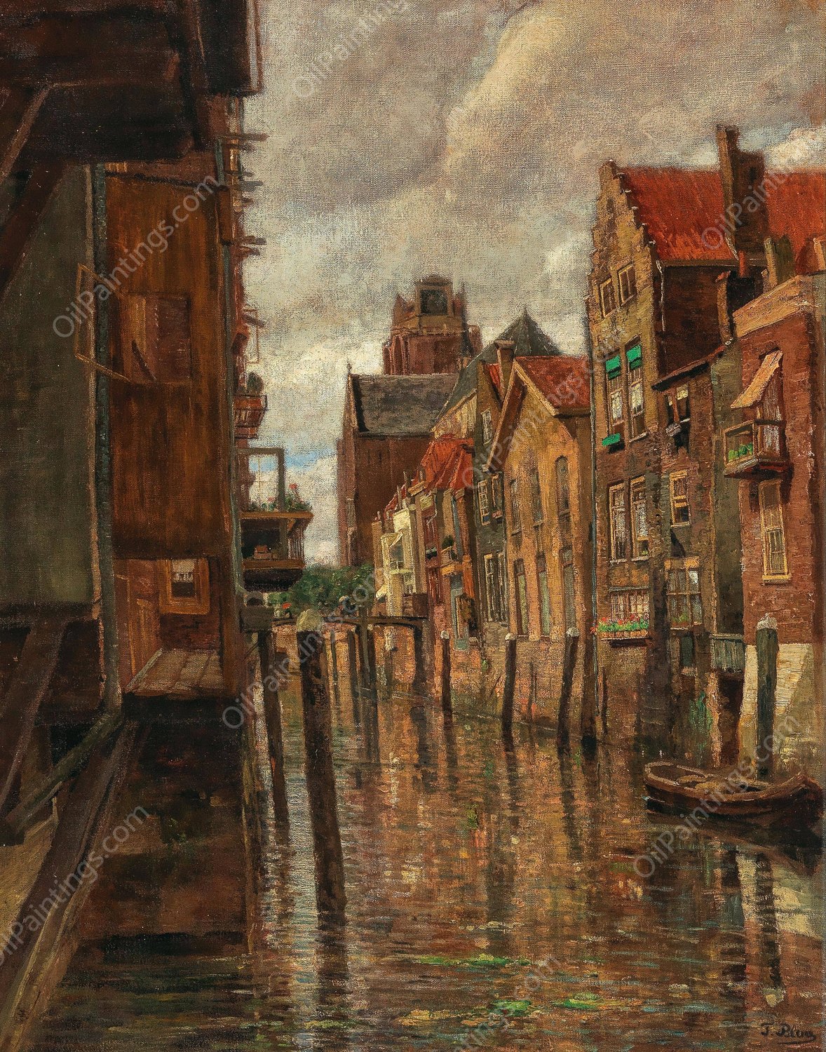 A canal in Dordrecht by Tina Blau - Hand-Painted Oil Painting Reproduction