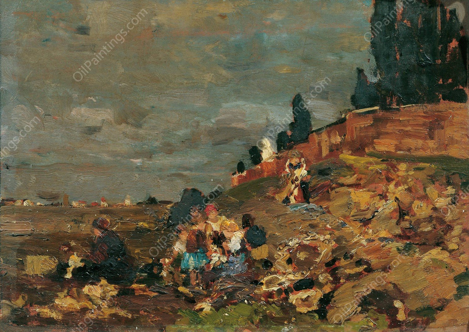 Kinder an der Friedhofsmauer  by Tina Blau - Hand-Painted Oil Painting Reproduction