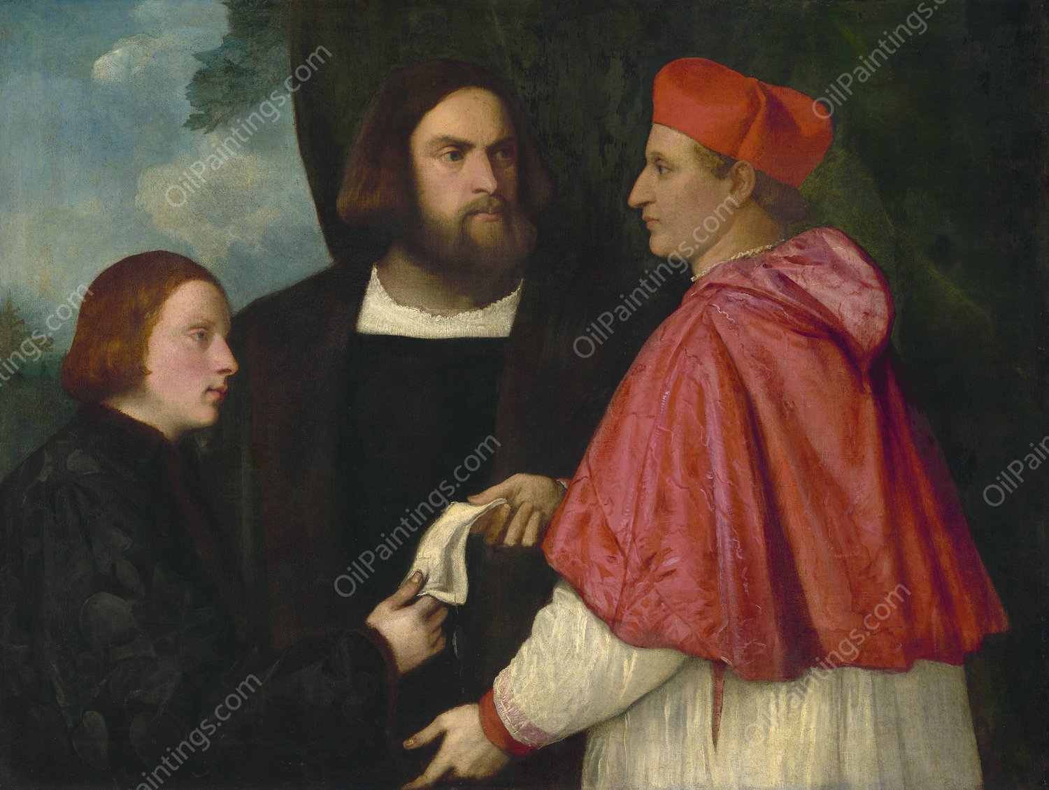 Girolamo and Cardinal Marco Corner Investing Marco, Abbot of Carrara, with His Benefice  by Titian (Follower) - Hand-Painted Oil Painting Reproduction