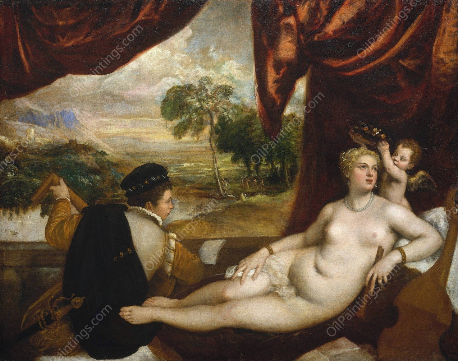 Venus and The Lute Player  by Titian - Hand-Painted Oil Painting Reproduction