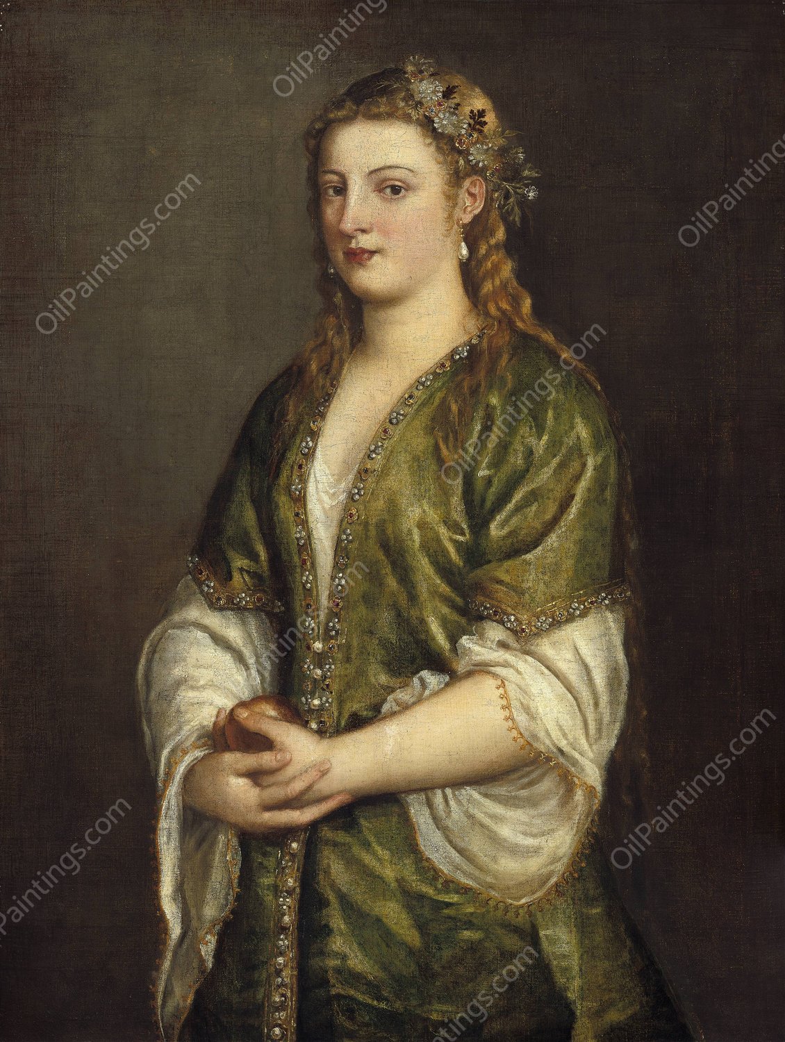 Woman Holding an Apple  by Titian - Hand-Painted Oil Painting Reproduction