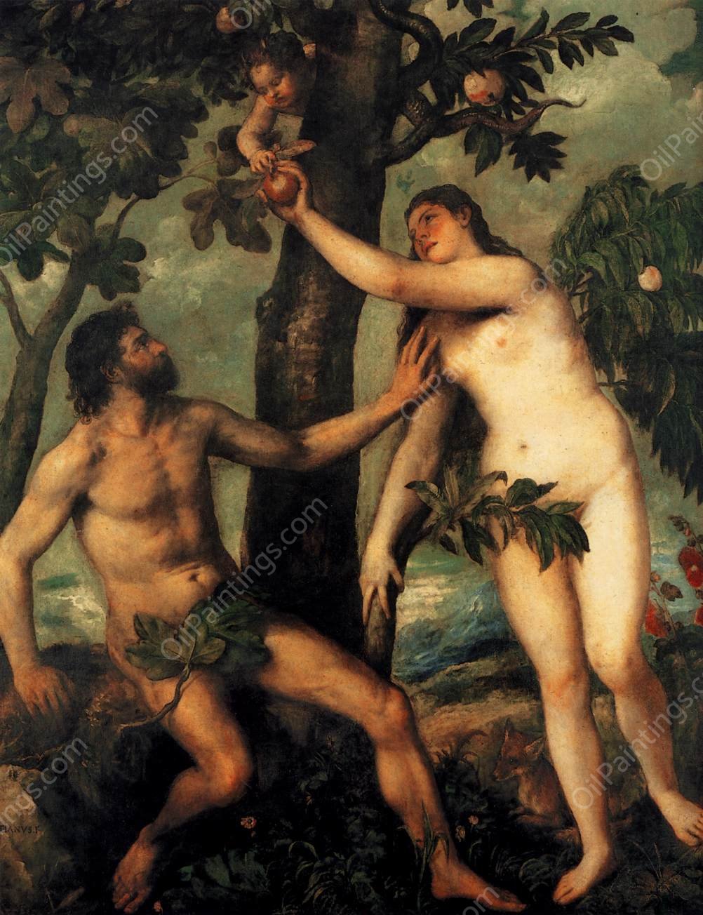 Adam and Eve by Tiziano Vecellio - Hand-Painted Oil Painting Reproduction