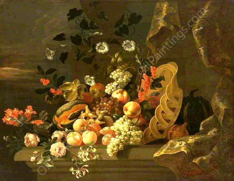 Still Life with a Basket of Fruit and Flowers by Tobias Stranover - Hand-Painted Oil Painting Reproduction